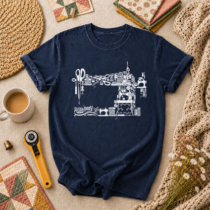 Vintage Sewing Machine Silhouette Sewing Supplies T-Shirt - Navy