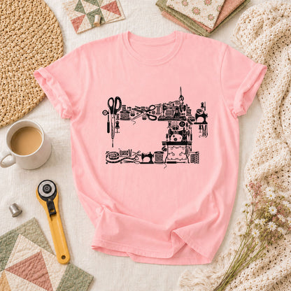Vintage Sewing Machine Silhouette Sewing Supplies T-Shirt - Pink