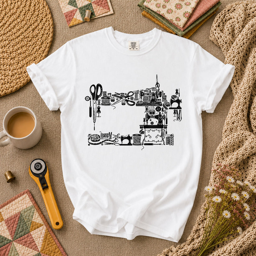 Vintage Sewing Machine Silhouette Sewing Supplies T-Shirt - White