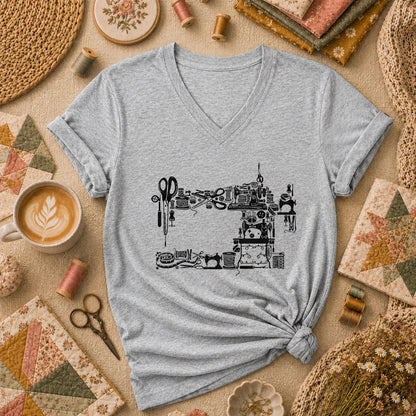 Vintage Sewing Machine Silhouette Sewing Supplies Women's V-Neck - Athletic Heather