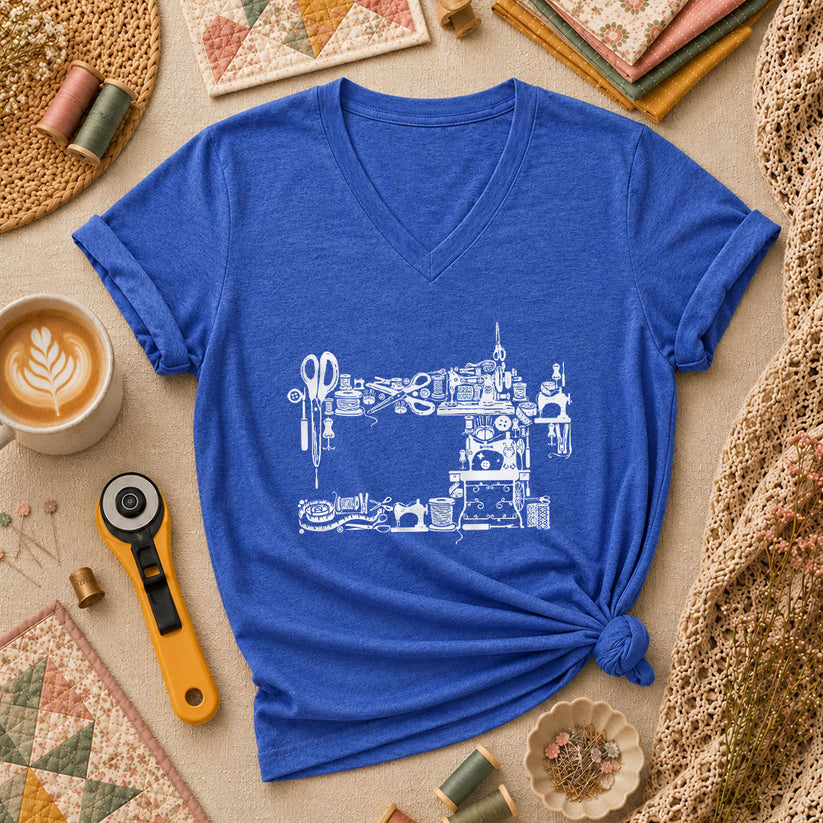Vintage Sewing Machine Silhouette Sewing Supplies Women's V-Neck - Heather True Royal