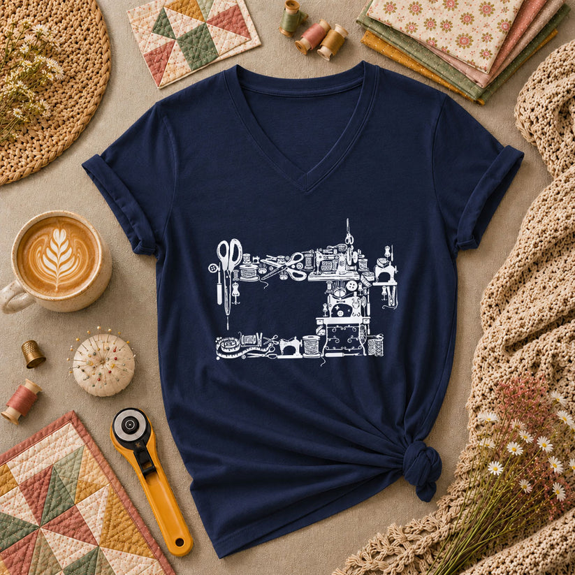 Vintage Sewing Machine Silhouette Sewing Supplies Women's V-Neck - Navy