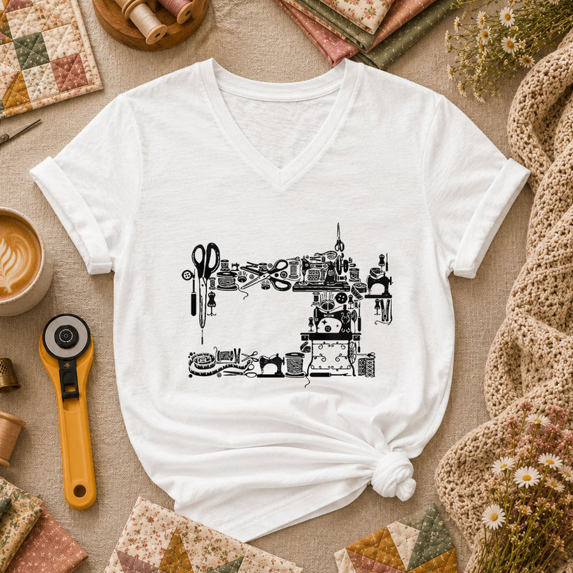 Vintage Sewing Machine Silhouette Sewing Supplies Women's V-Neck - White
