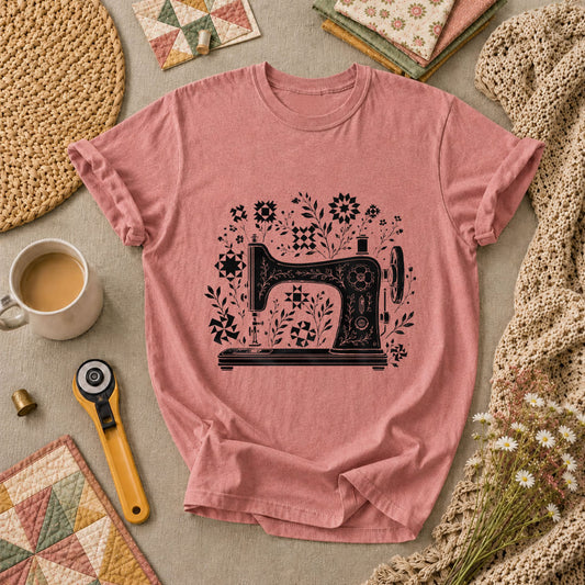 Vintage Sewing Machine With Quilt Block Florals T-Shirt - Heather Mauve