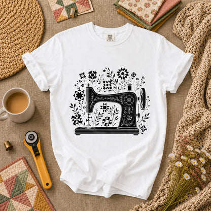Vintage Sewing Machine With Quilt Block Florals T-Shirt - White