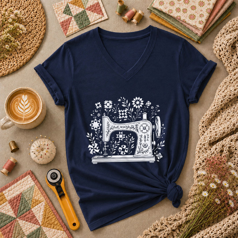 Vintage Sewing Machine With Quilt Block Florals Women's V-Neck - Navy