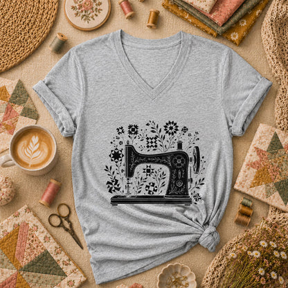 Vintage Sewing Machine With Quilt Block Florals Women's V-Neck - Sport Grey