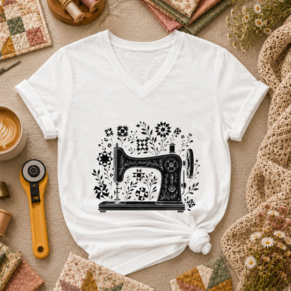 Vintage Sewing Machine With Quilt Block Florals Women's V-Neck - White