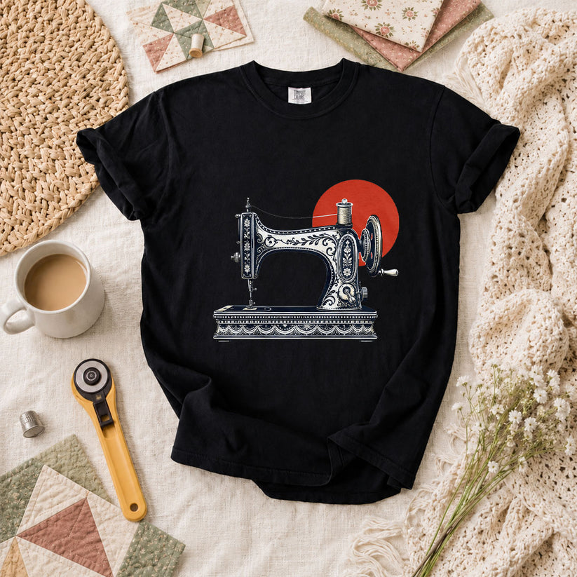 Vintage Sewing Machine With Red Sun T-Shirt - Black