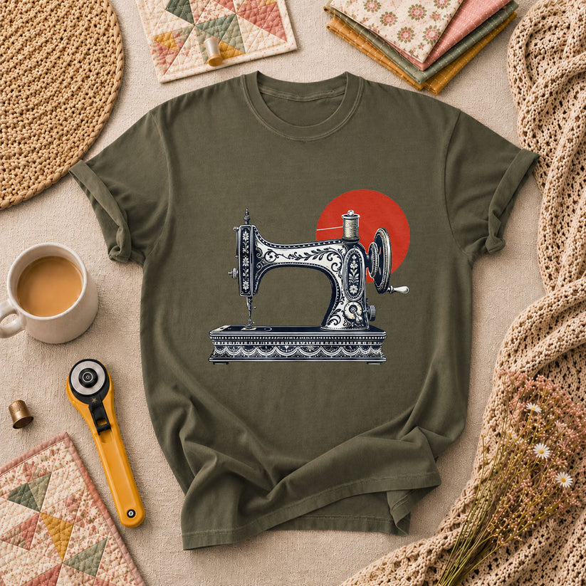 Vintage Sewing Machine With Red Sun T-Shirt - Military Green