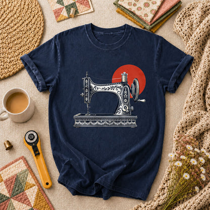 Vintage Sewing Machine With Red Sun T-Shirt - Navy