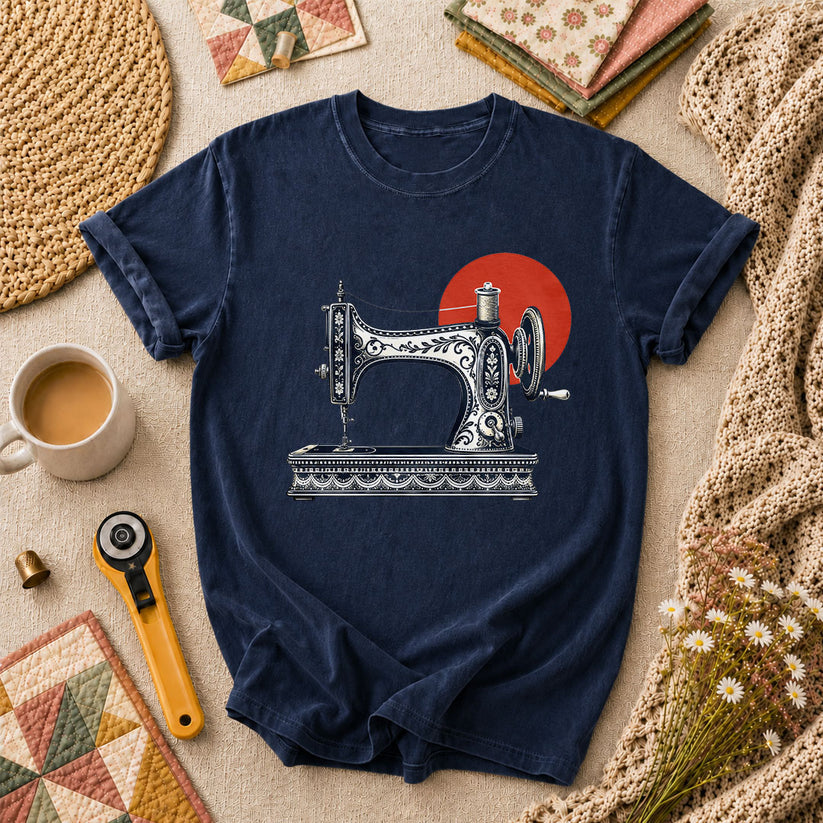 Vintage Sewing Machine With Red Sun T-Shirt - Navy