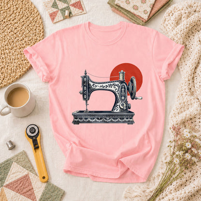 Vintage Sewing Machine With Red Sun T-Shirt - Pink