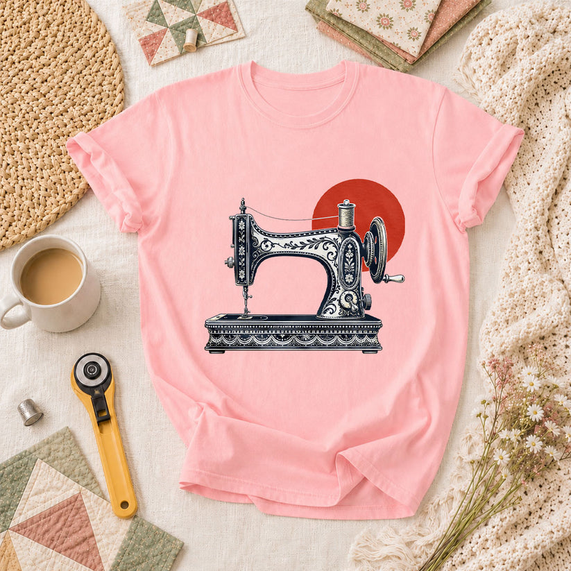 Vintage Sewing Machine With Red Sun T-Shirt - Pink