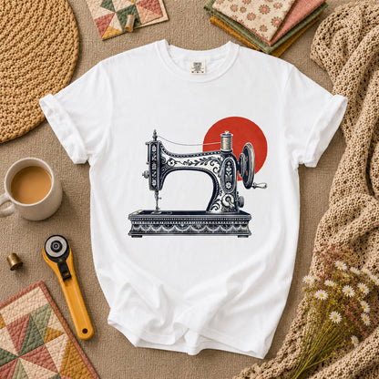 Vintage Sewing Machine With Red Sun T-Shirt - White