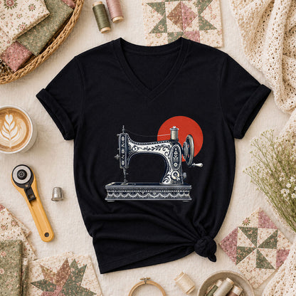Vintage Sewing Machine With Red Sun Women's V-Neck - Black