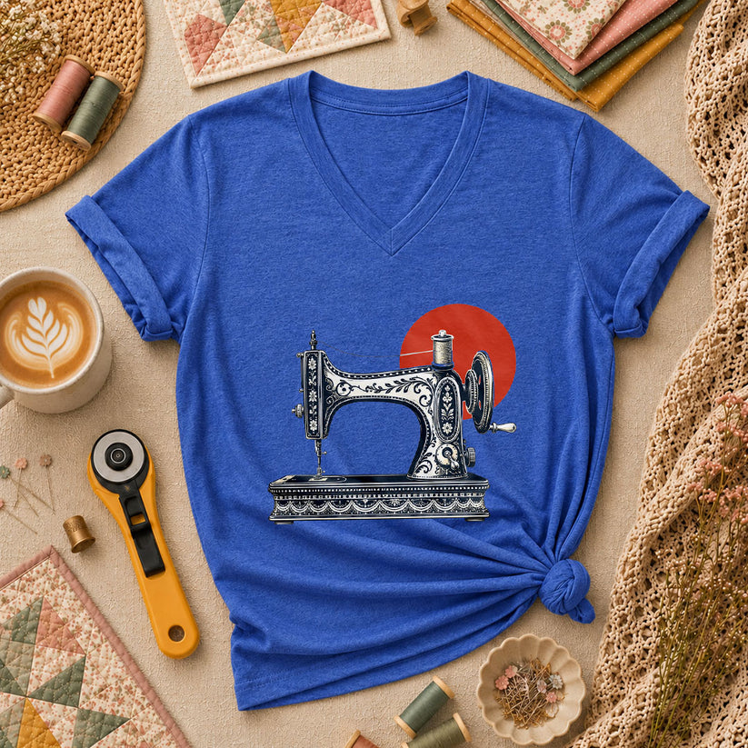 Vintage Sewing Machine With Red Sun Women's V-Neck - Heather True Royal
