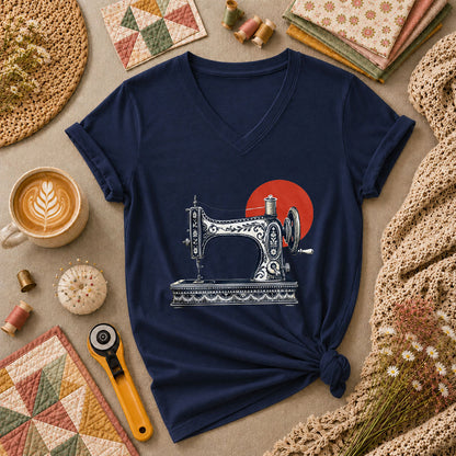 Vintage Sewing Machine With Red Sun Women's V-Neck - Navy