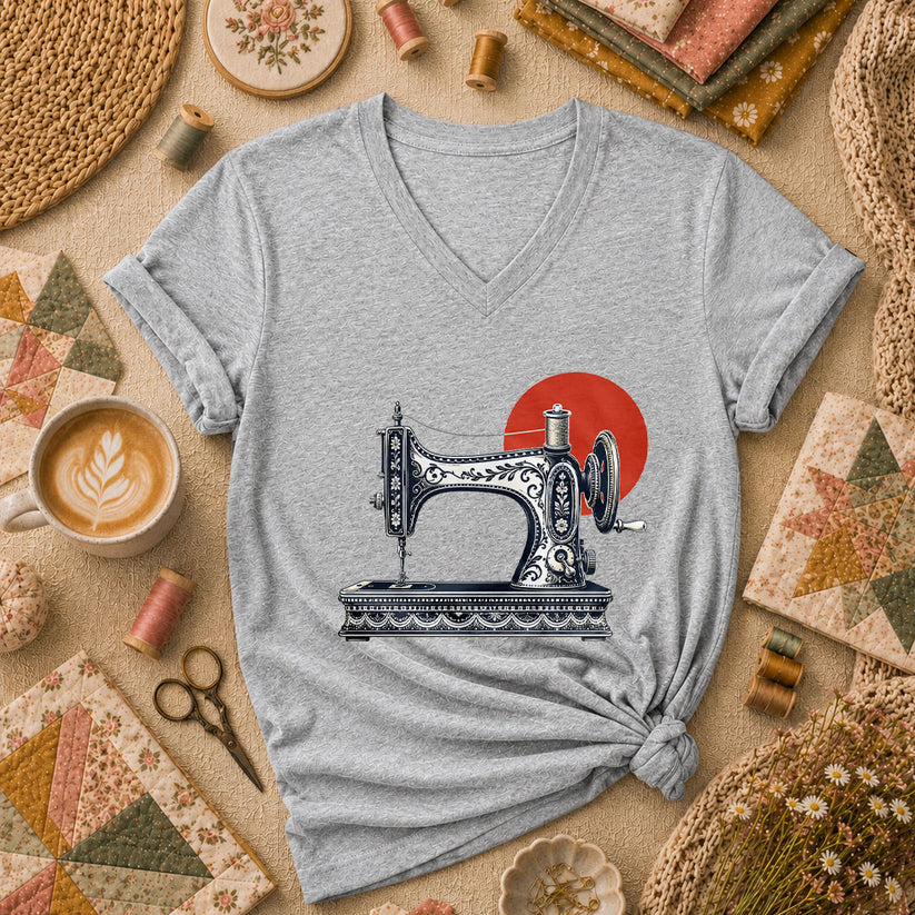 Vintage Sewing Machine With Red Sun Women's V-Neck - Sport Grey