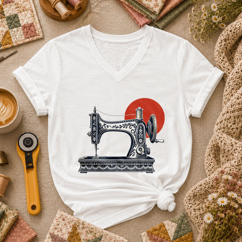 Vintage Sewing Machine With Red Sun Women's V-Neck - White