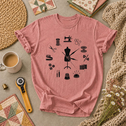 Vintage Sewing Tools Clock Silhouette T-Shirt - Heather Mauve