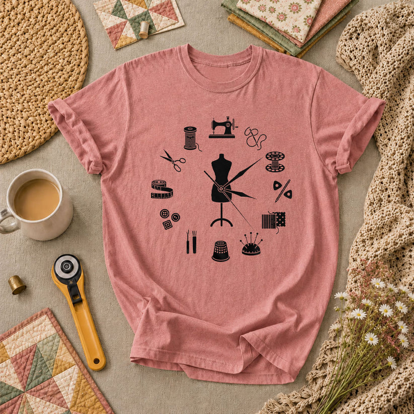 Vintage Sewing Tools Clock Silhouette T-Shirt - Heather Mauve
