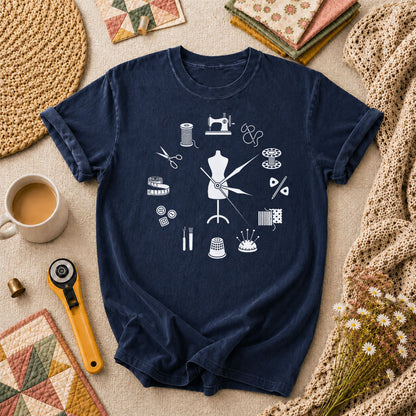 Vintage Sewing Tools Clock Silhouette T-Shirt - Navy