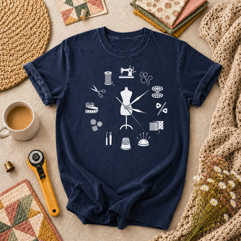 Vintage Sewing Tools Clock Silhouette T-Shirt - Navy
