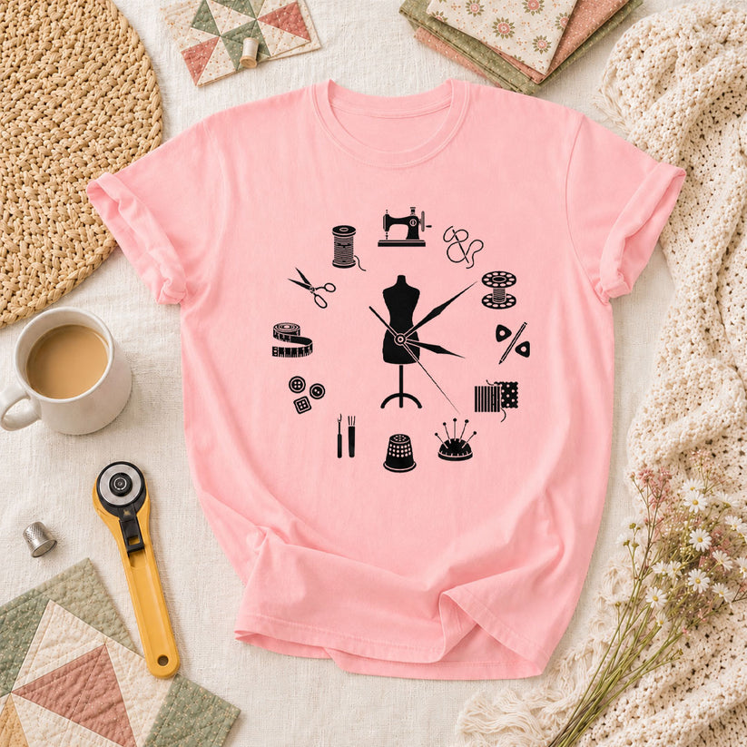Vintage Sewing Tools Clock Silhouette T-Shirt - Pink