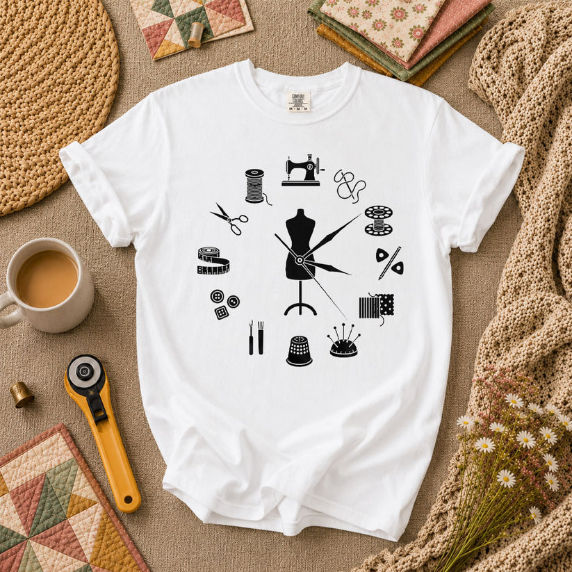 Vintage Sewing Tools Clock Silhouette T-Shirt - White