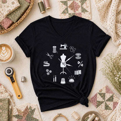 Vintage Sewing Tools Clock Silhouette Women's V-Neck - Black