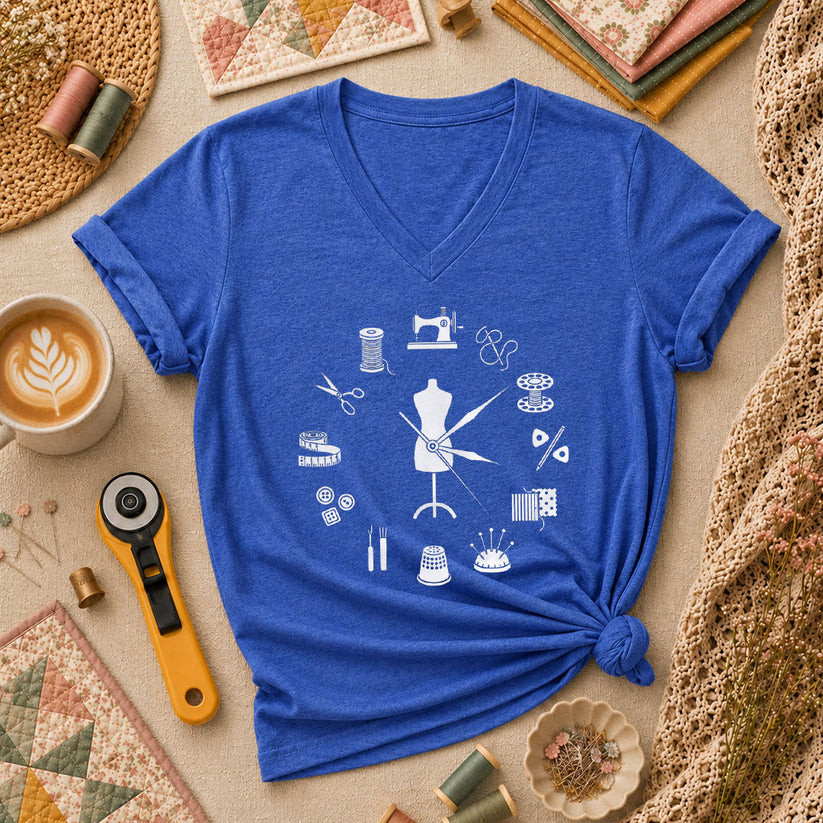 Vintage Sewing Tools Clock Silhouette Women's V-Neck - Heather True Royal