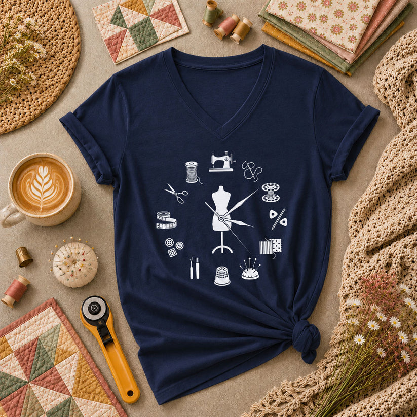 Vintage Sewing Tools Clock Silhouette Women's V-Neck - Navy
