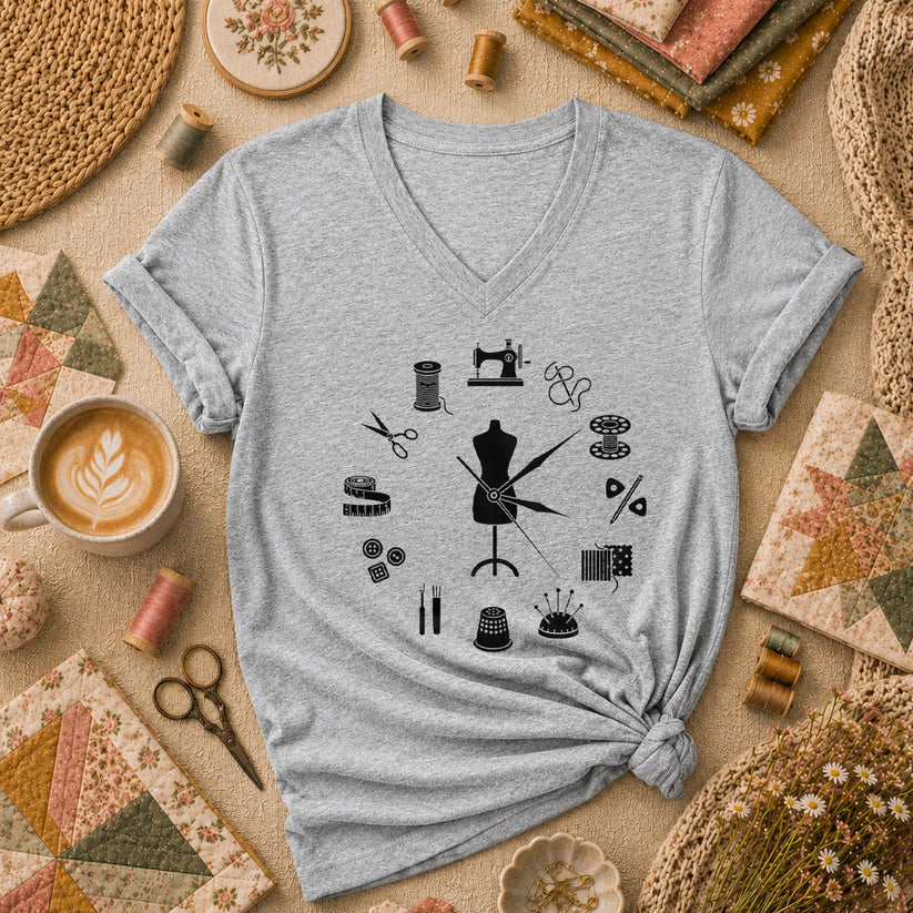 Vintage Sewing Tools Clock Silhouette Women's V-Neck - Sport Grey