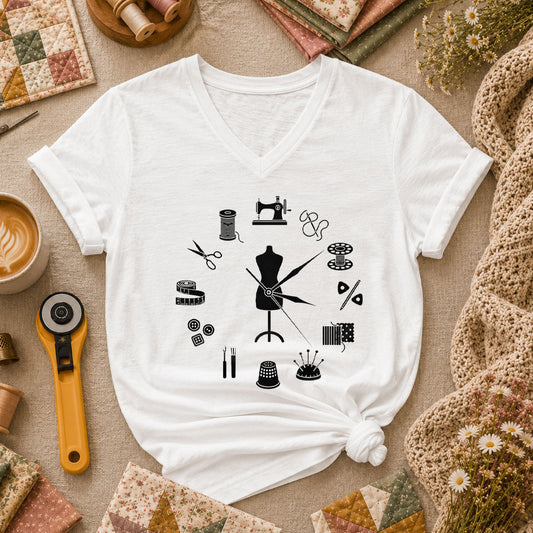 Vintage Sewing Tools Clock Silhouette Women's V-Neck - White