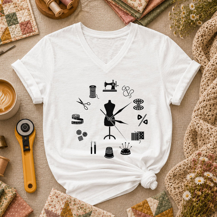 Vintage Sewing Tools Clock Silhouette Women's V-Neck - White