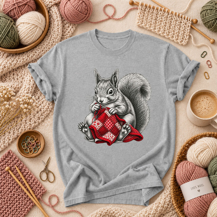Vintage Squirrel Sewing Patchwork Quilt T-Shirt - Athletic Heather