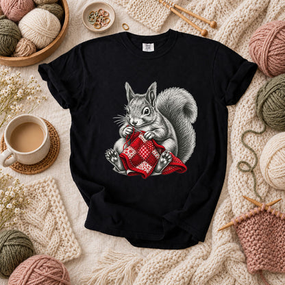 Vintage Squirrel Sewing Patchwork Quilt T-Shirt - Black