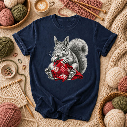 Vintage Squirrel Sewing Patchwork Quilt T-Shirt - Navy