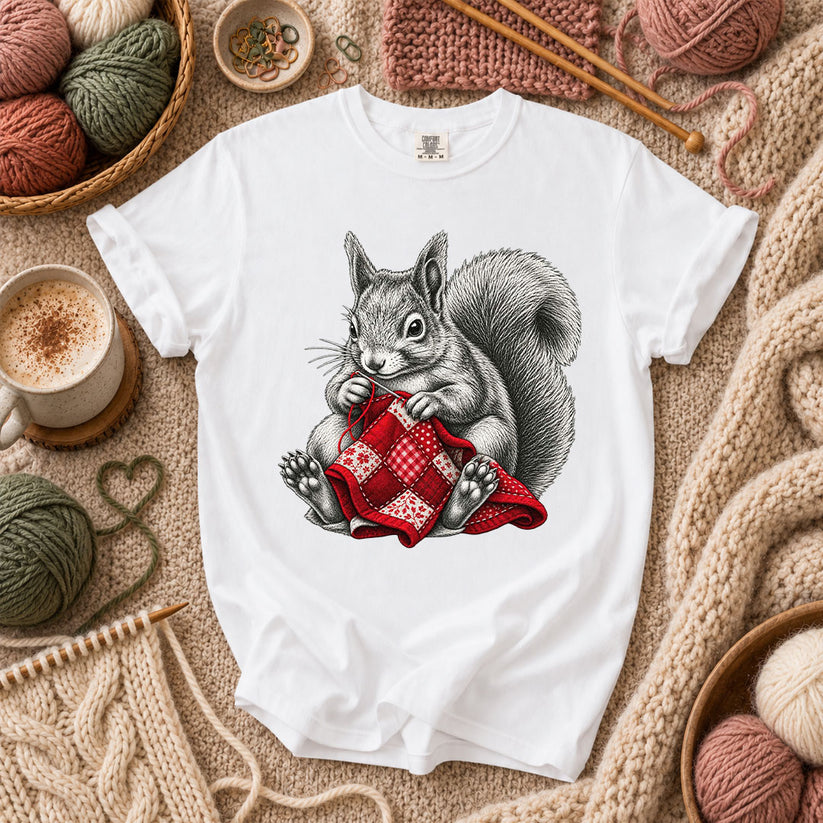 Vintage Squirrel Sewing Patchwork Quilt T-Shirt - White