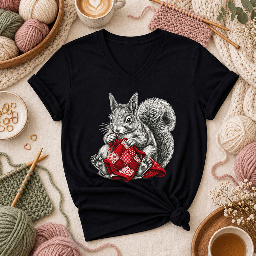 Vintage Squirrel Sewing Patchwork Quilt Women's V-Neck - Black