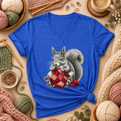 Vintage Squirrel Sewing Patchwork Quilt Women's V-Neck - Heather True Royal