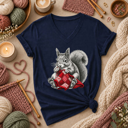 Vintage Squirrel Sewing Patchwork Quilt Women's V-Neck - Navy