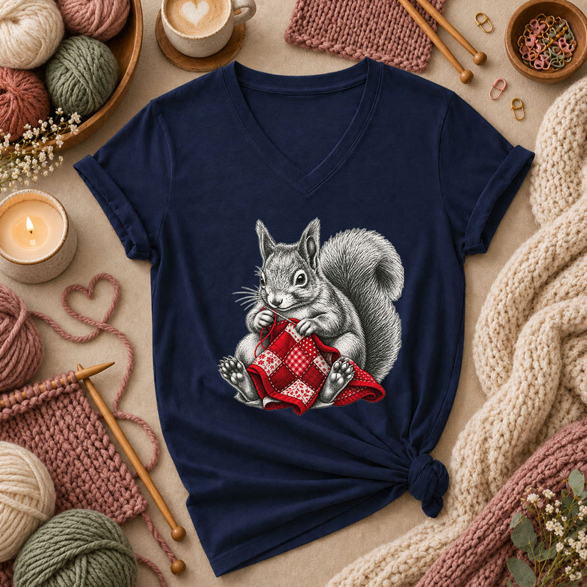 Vintage Squirrel Sewing Patchwork Quilt Women's V-Neck - Navy