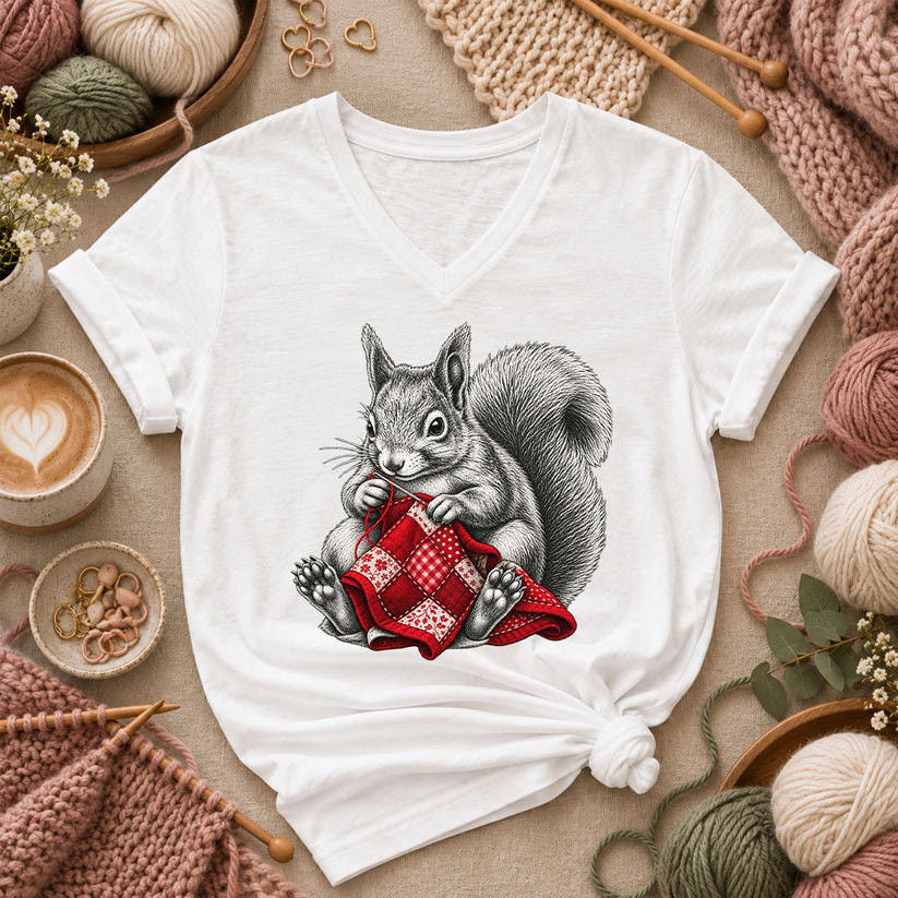 Vintage Squirrel Sewing Patchwork Quilt Women's V-Neck - White