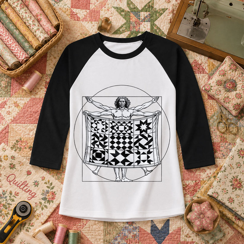 Vitruvian Quilter Man Da Vinci Quilt Blocks Raglan Sleeve - Black