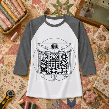 Vitruvian Quilter Man Da Vinci Quilt Blocks Raglan Sleeve - Deep Heather