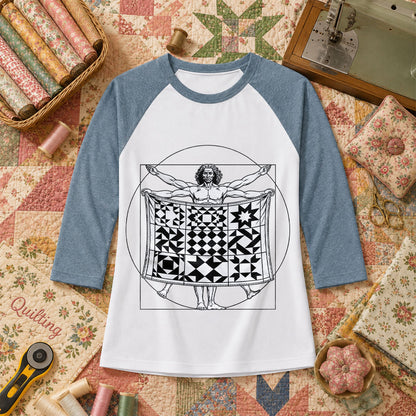 Vitruvian Quilter Man Da Vinci Quilt Blocks Raglan Sleeve - Denim
