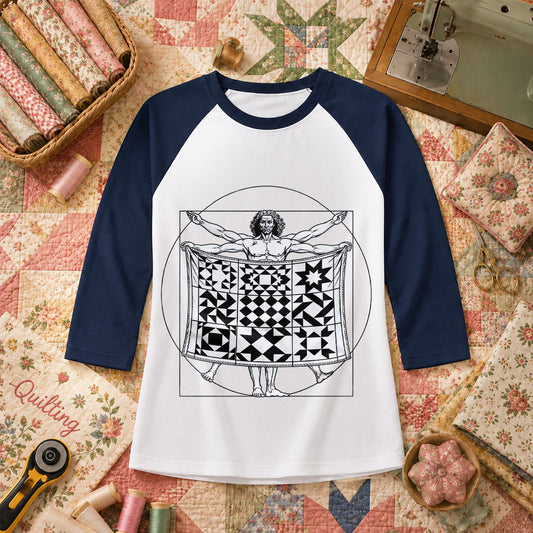 Vitruvian Quilter Man Da Vinci Quilt Blocks Raglan Sleeve - Navy