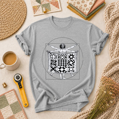 Vitruvian Quilter Man Da Vinci Quilt Blocks T-Shirt - Athletic Heather
